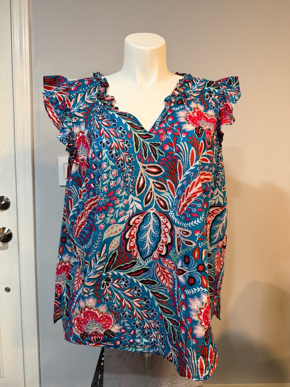 Talbots Floral Cotton Flutter Sleeve Blouse Women's 3X Teal Coral EUC